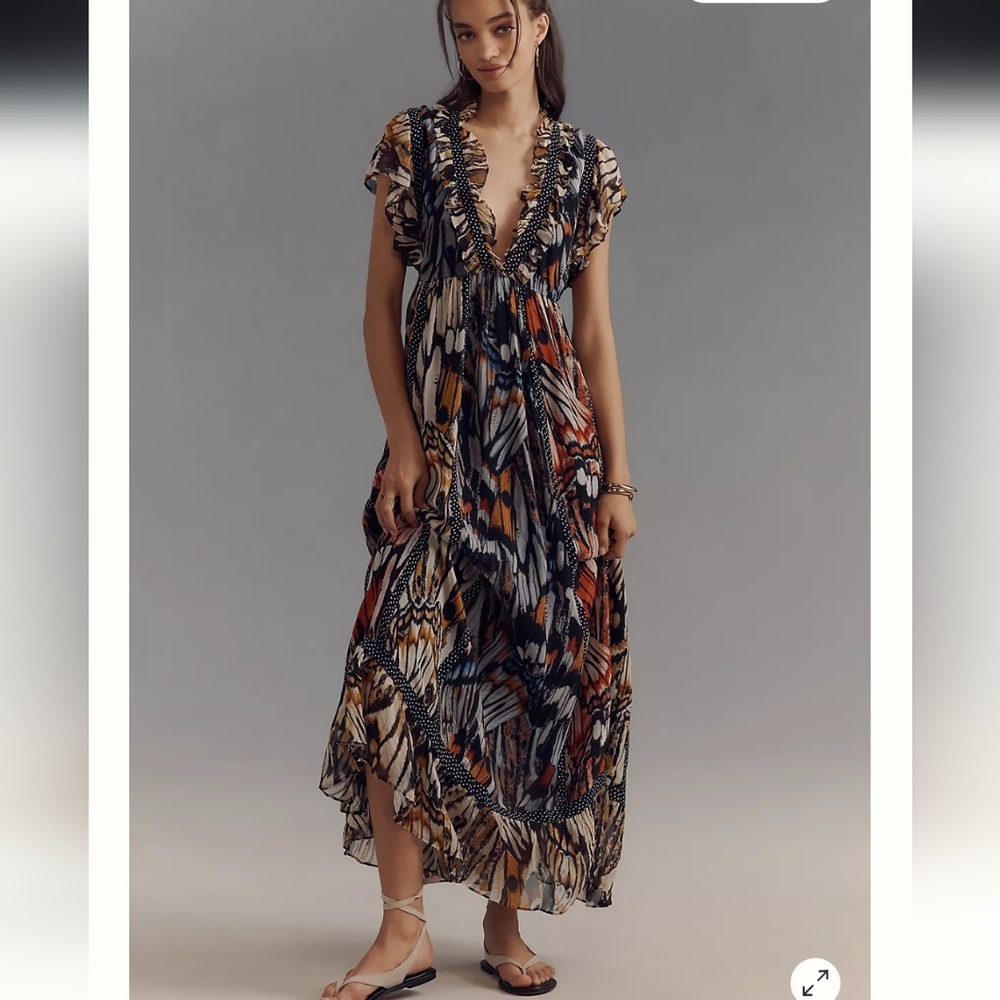 Butterfly Maxi Dress Anthropologie Maeve Ruffled V-Neck XS
